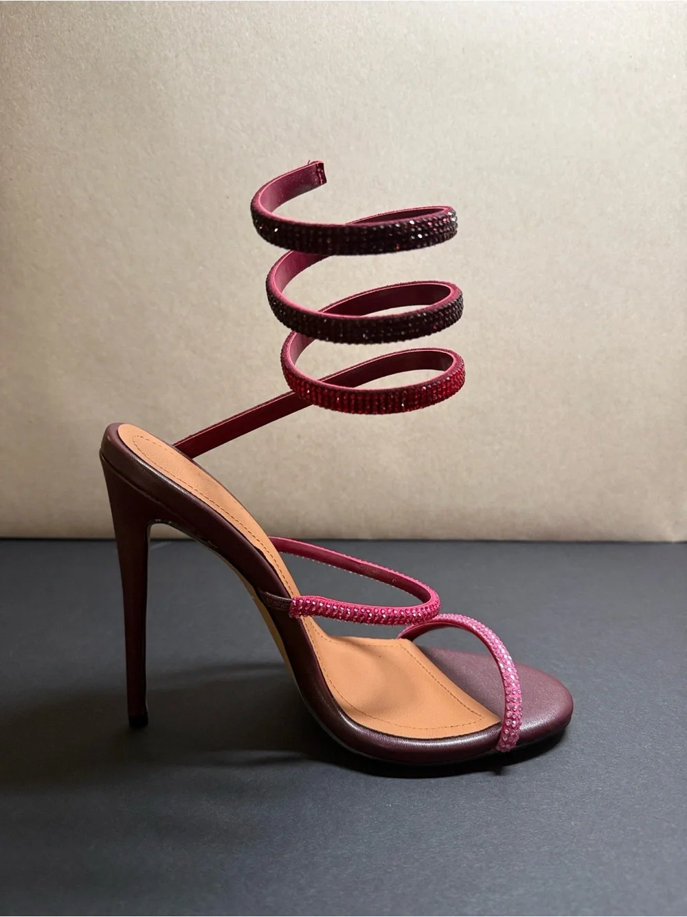 Spiral Wrap Stiletto Sandals in Burgundy and Pink - New - With Box